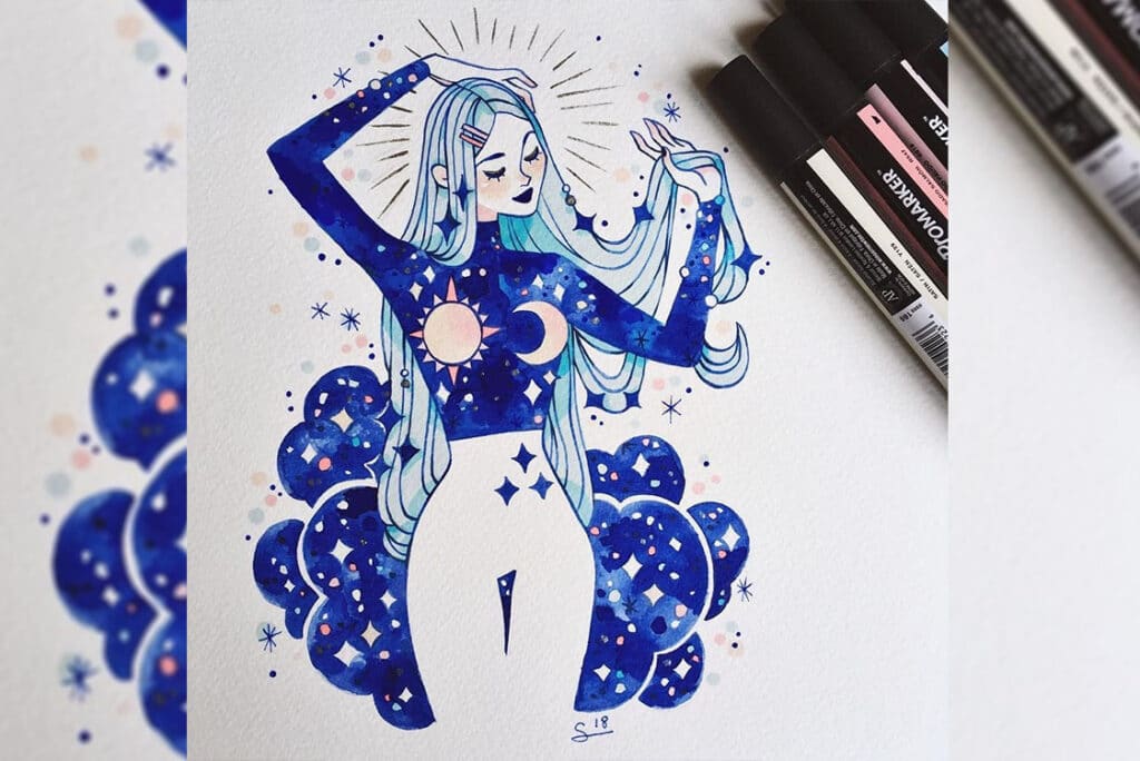 drawing of a girl in blue with stars around her