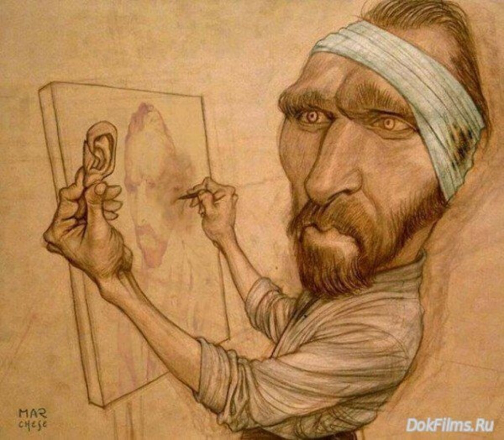 drawing of van gogh who is drawing himself using his cut off ear as reference
