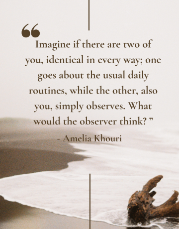 Imagine if there are two of you, identical in every way; one goes about the usual daily routines, while the other, also you, simply observes. What would the observer think- amelia khouri